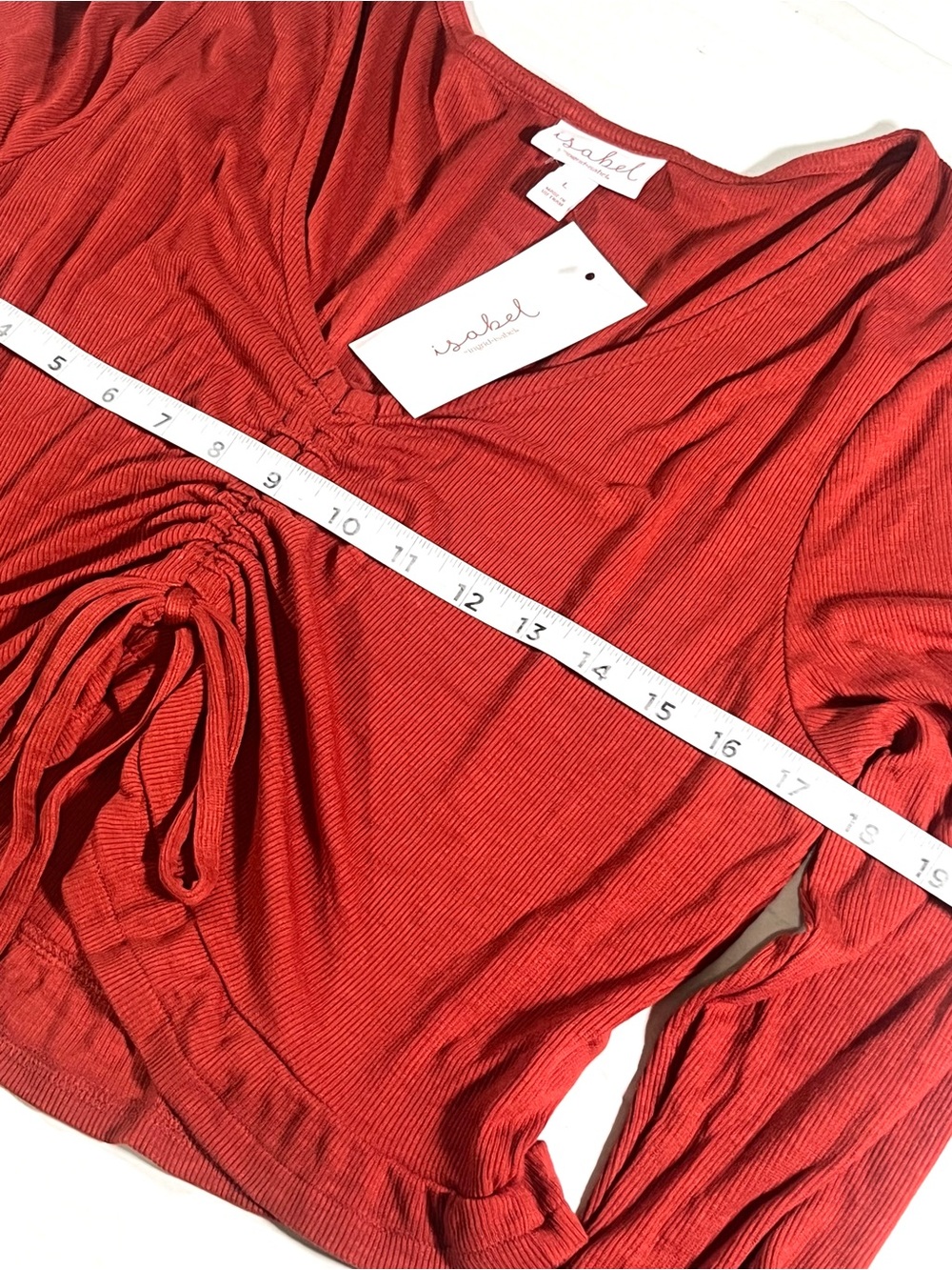 Drawstring Ruched V-Neck Long Sleeve Crop Top - Rust - Picture 8 of 8